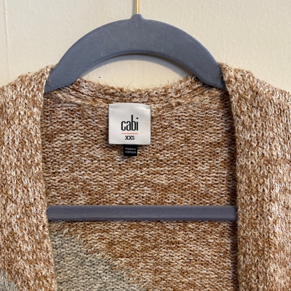 CAbi tilt color block Mom line sweater Gray and Tan Open Front Cardigan - Picture 2 of 5